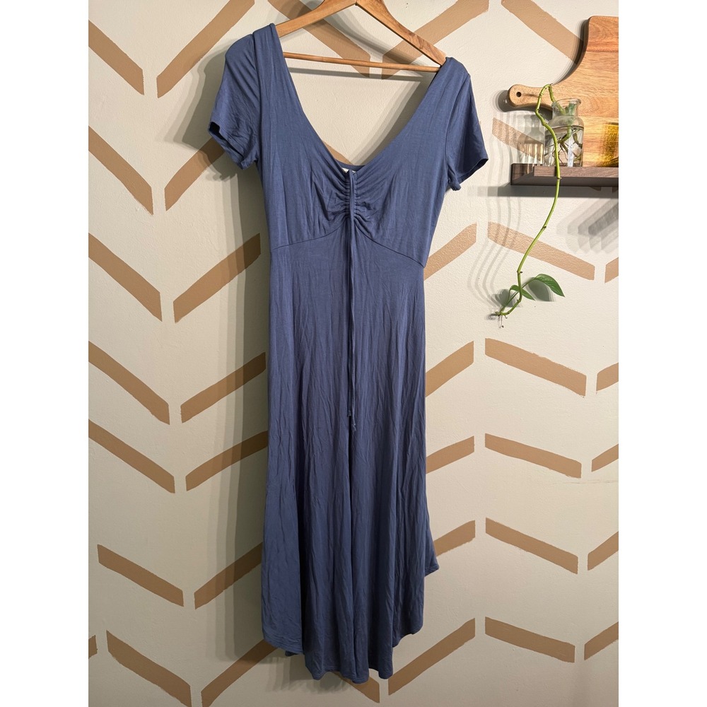 Sozy Midi Dress Women Small Blue Super Soft Cinched V-Neck High-Low Hem
